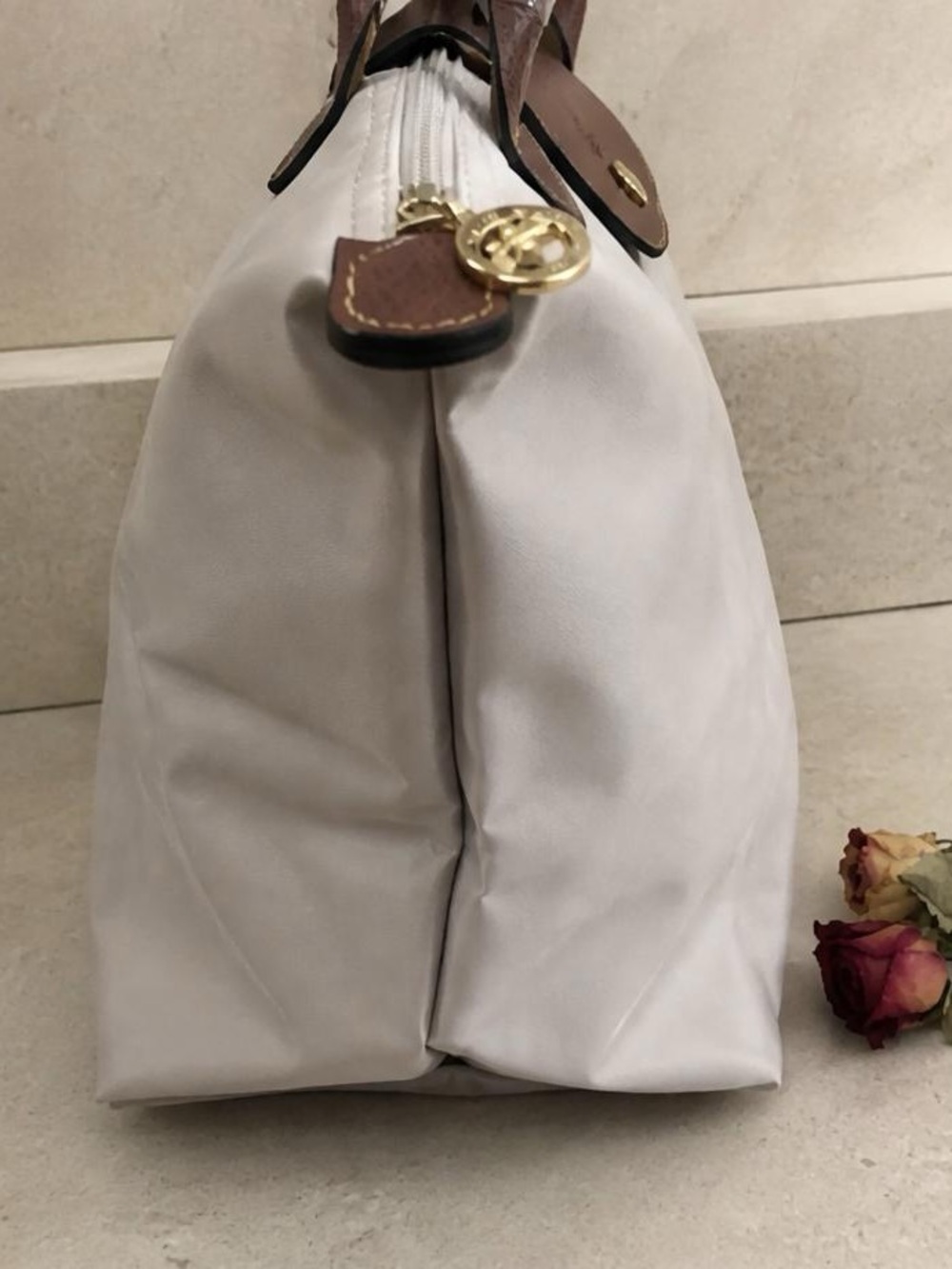 Longchamp Light Gray Tote with Brown Leather Trim - Picture 8 of 9